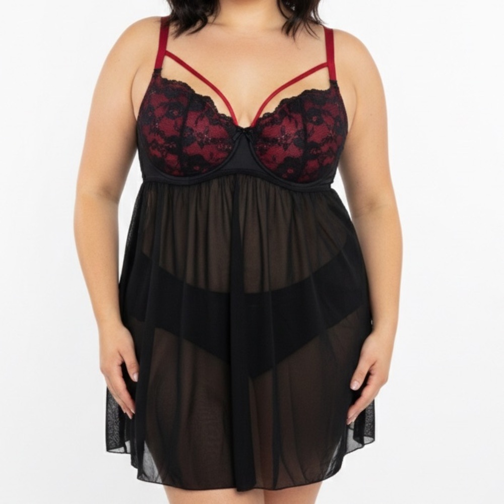Adore Me Sheer Black Chemise with Red Lace